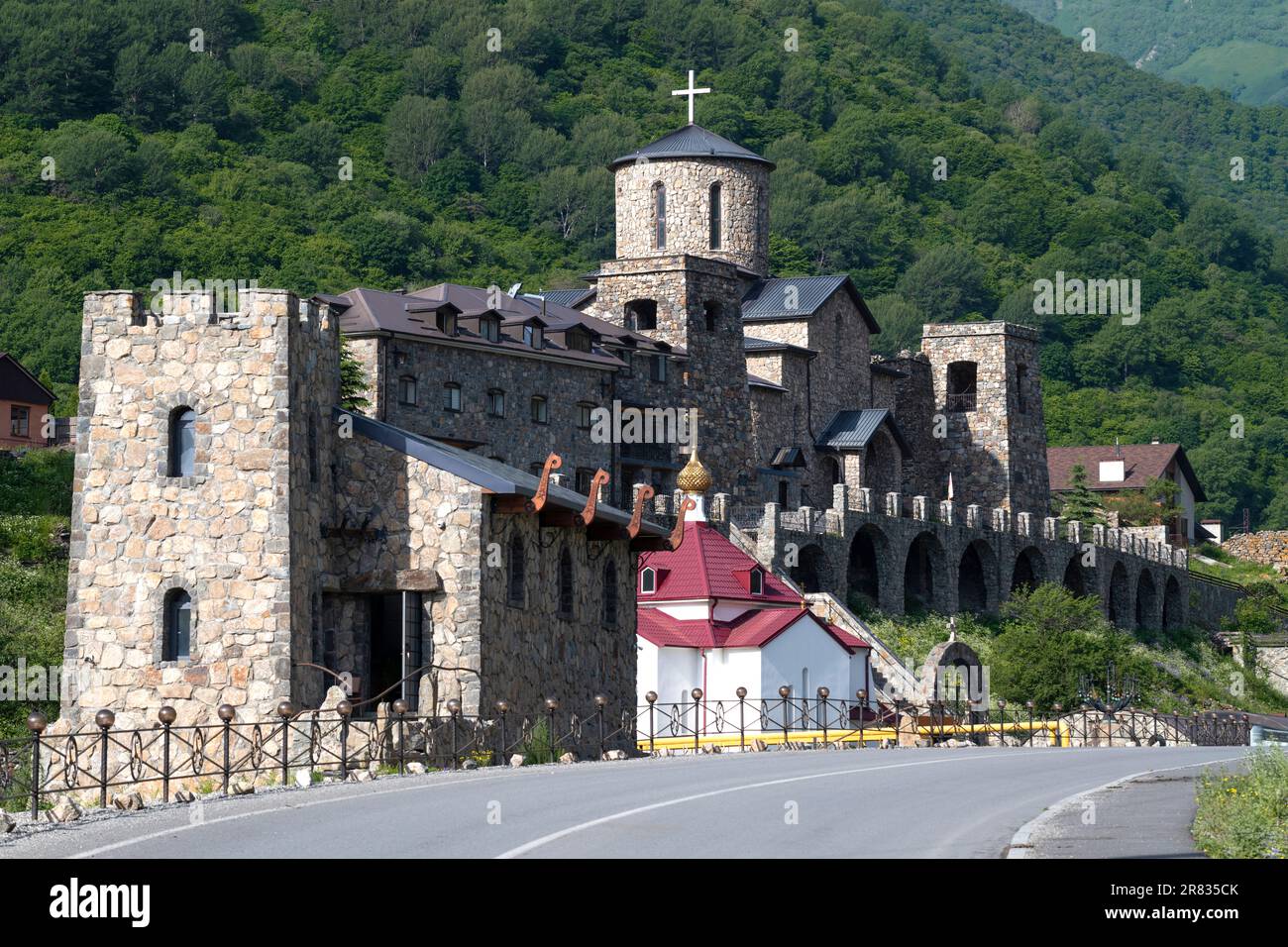 Alansky Assumption Monastery on a sunny June day. Verhniy Fiagdon. North Ossetia-Alania, Russian Federation Stock Photo