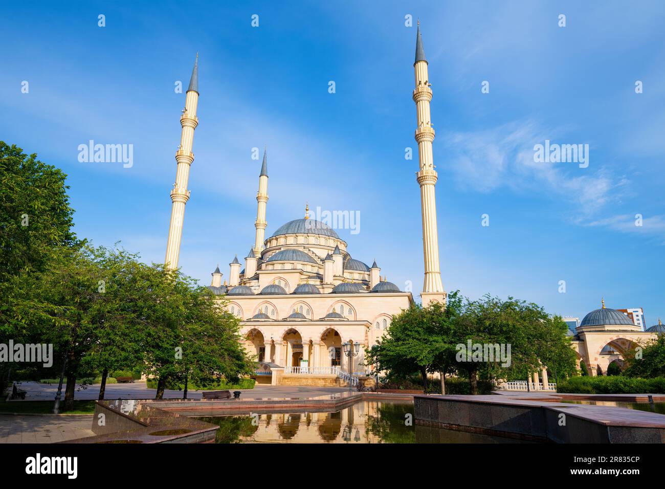 View of the mosque 'Heart of Chechnya' on a sunny June morning. Grozny. Chechen Republic, Russian Federation Stock Photo