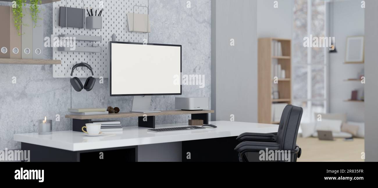 White Desk With Objects On It Background, 3d Rendering Loft Home Office  Desk With Computer Office Supplies And Decorations On White Desk 3d  Illustration, Hd Photography Photo Background Image And Wallpaper for
