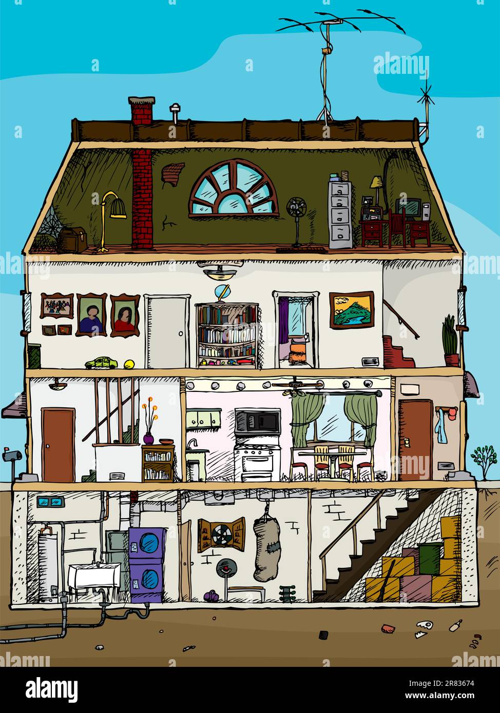 3-story old house cartoon cross section with basement Stock Vector