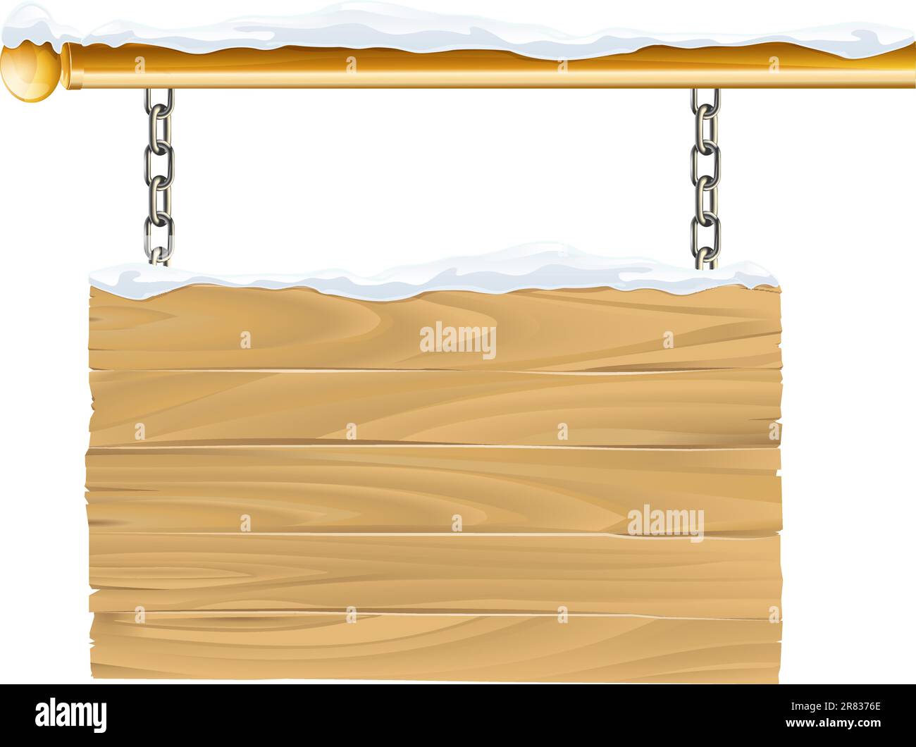 A wooden snowy winter Christmas sign hanging suspended from chains and metal pole Stock Vector