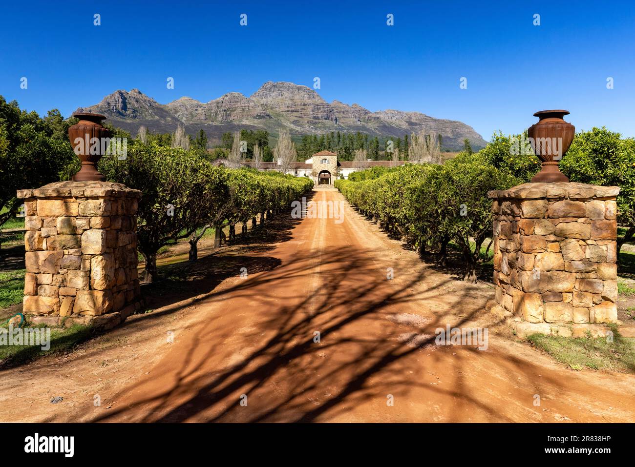 Entrance to the Waterford Estate in the Blaauwklippen Valley on the slopes of Helderberg Mountain - Stellenbosch, Winelands near Cape Town, South Afri Stock Photo