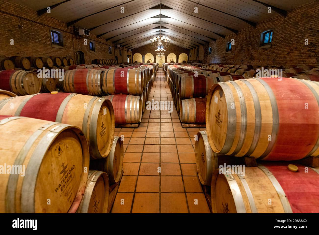 Cathedral cellar at the Waterford Estate in the Blaauwklippen Valley on the slopes of Helderberg Mountain - Stellenbosch, Winelands near Cape Town, So Stock Photo