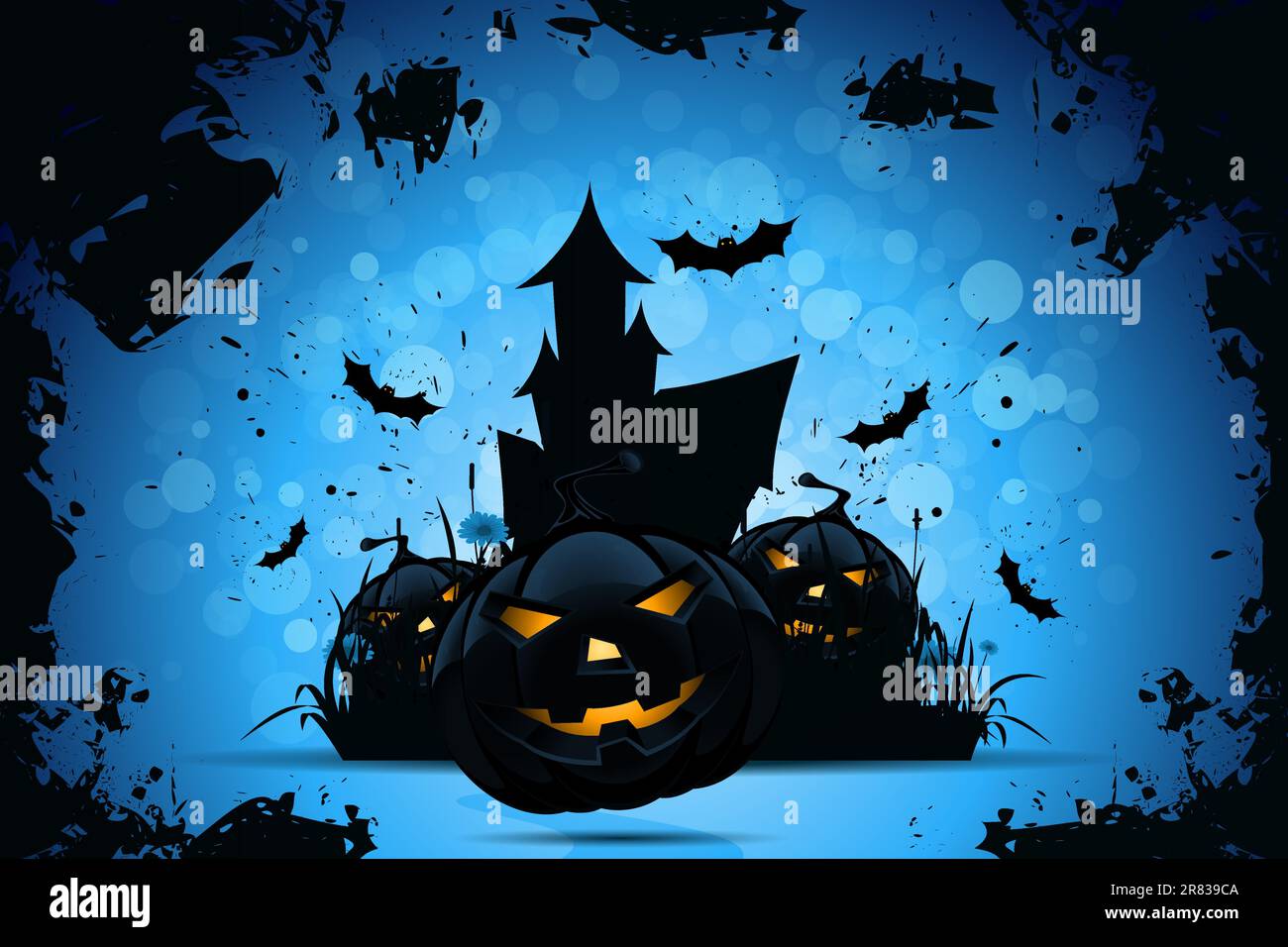 Grunge Halloween Party Background with Pampkins, House in Grass and Bats Stock Vector