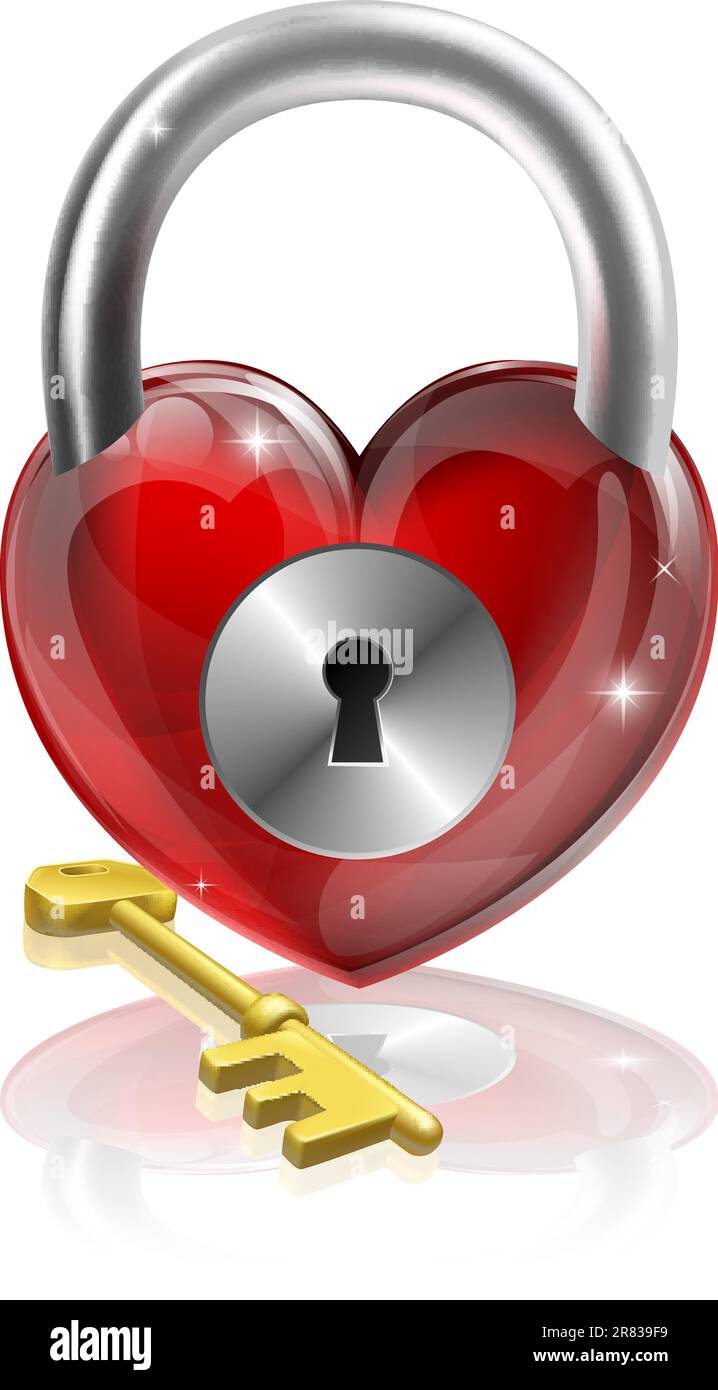 Key to your heart conceptual illustration. A heart shaped padlock with ...