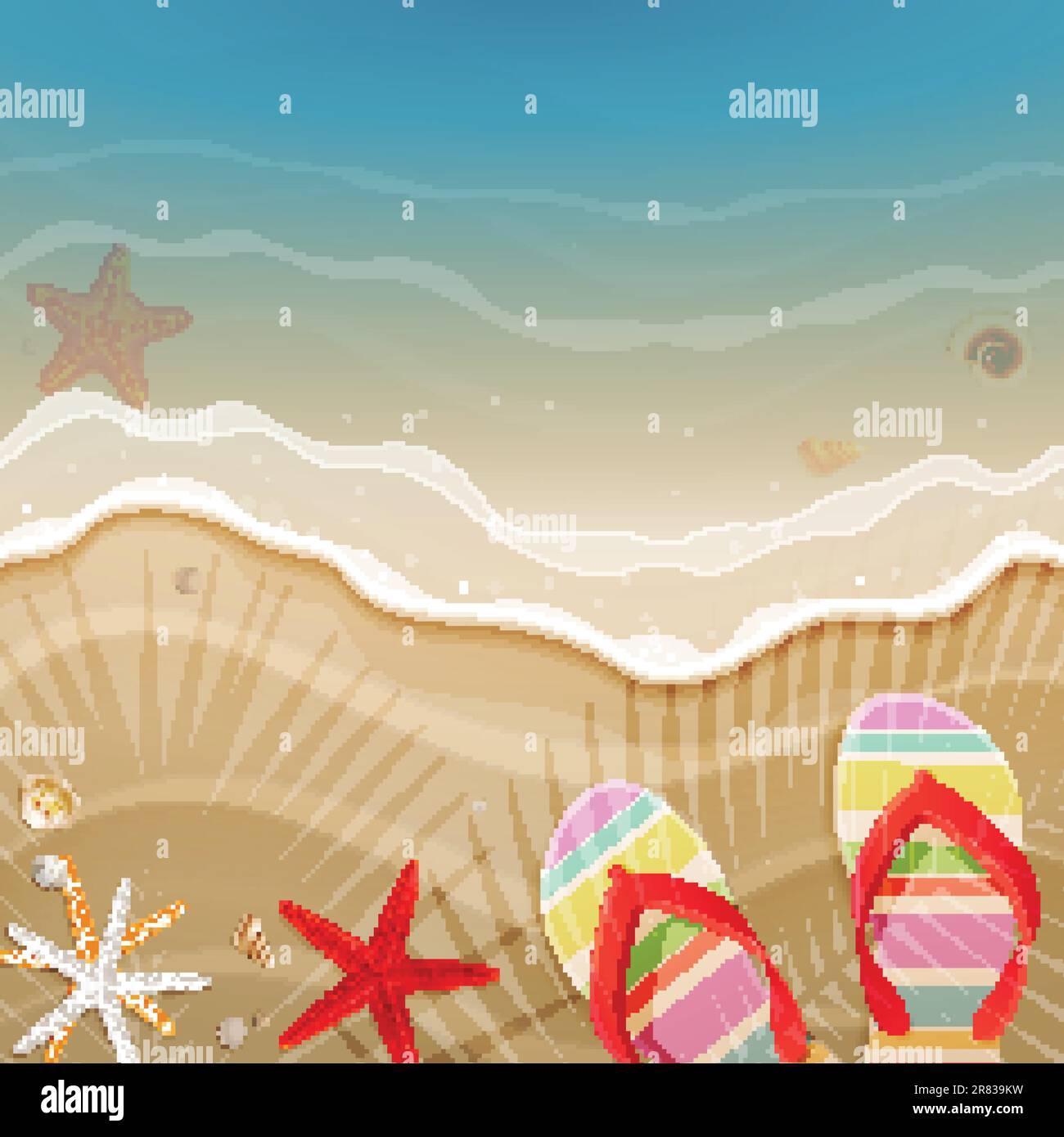 Flip-flops and shells on the beach. Vector illustration Stock Vector