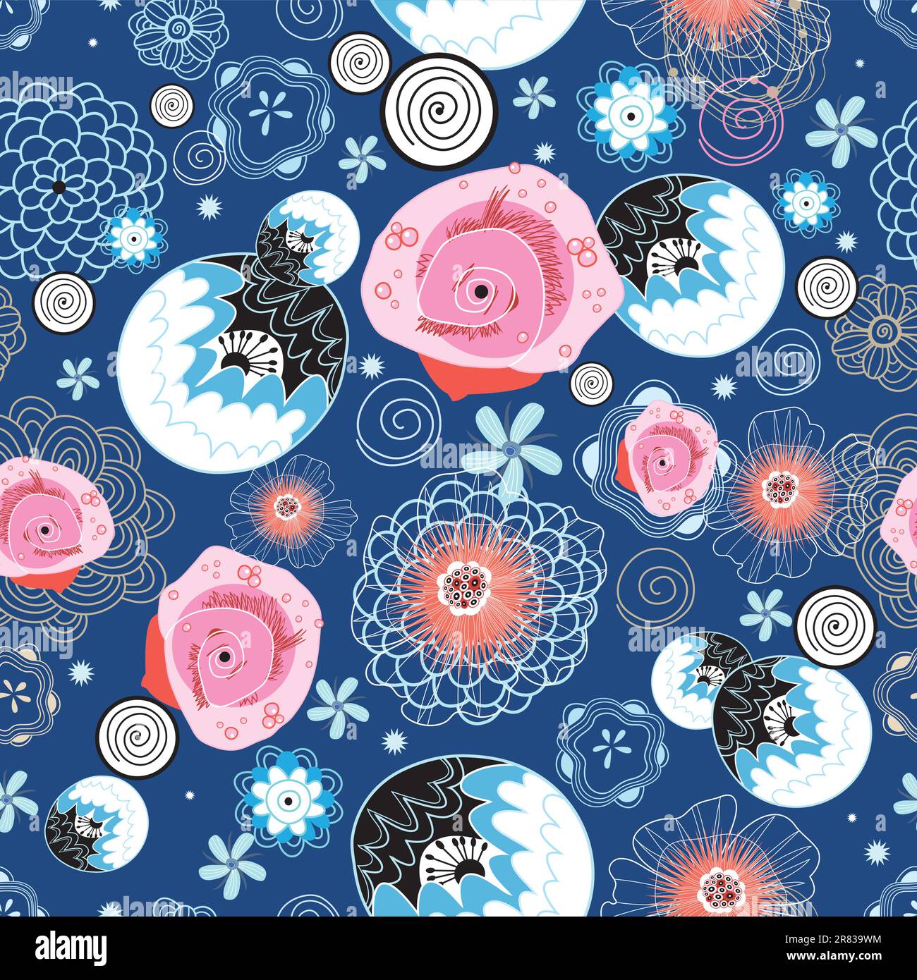 Seamless bright floral pattern on a dark blue background Stock Vector