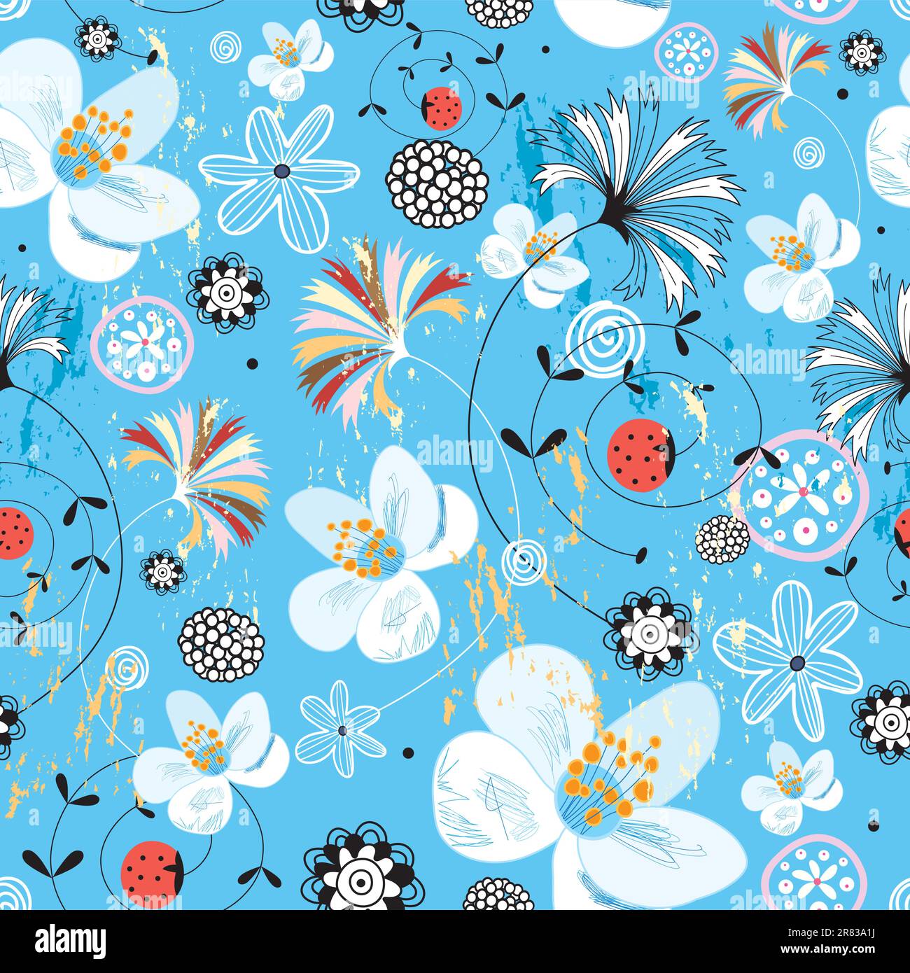 Seamless colorful floral pattern on a bright blue background Stock Vector