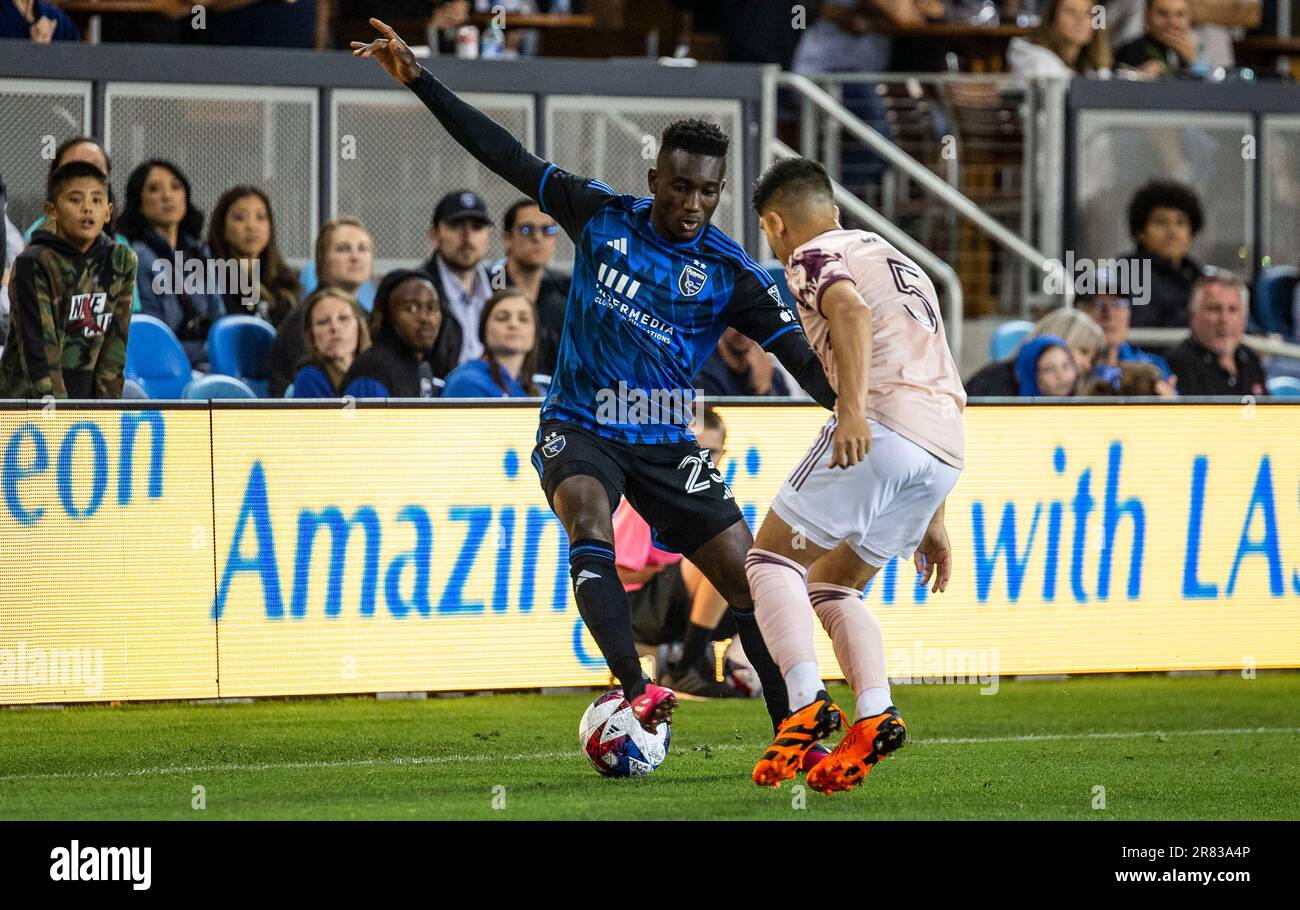 June 17 2023 San Jose, CA USA San Jose forward Ousseni Bouda (25)tries to keep the ball away from Portland defender Claudio Bravo (5)during the MLS game between Portland Timbers and the San Jose Earthquakes. The game ends in a tie 0-0 at PayPal Park San Jose Calif. Thurman James/CSM Stock Photo