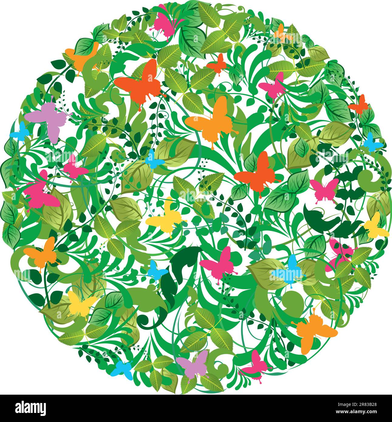 Leaf, flower and butterfly circle composition. Vector file layered for easy manipulation and custom coloring. Stock Vector