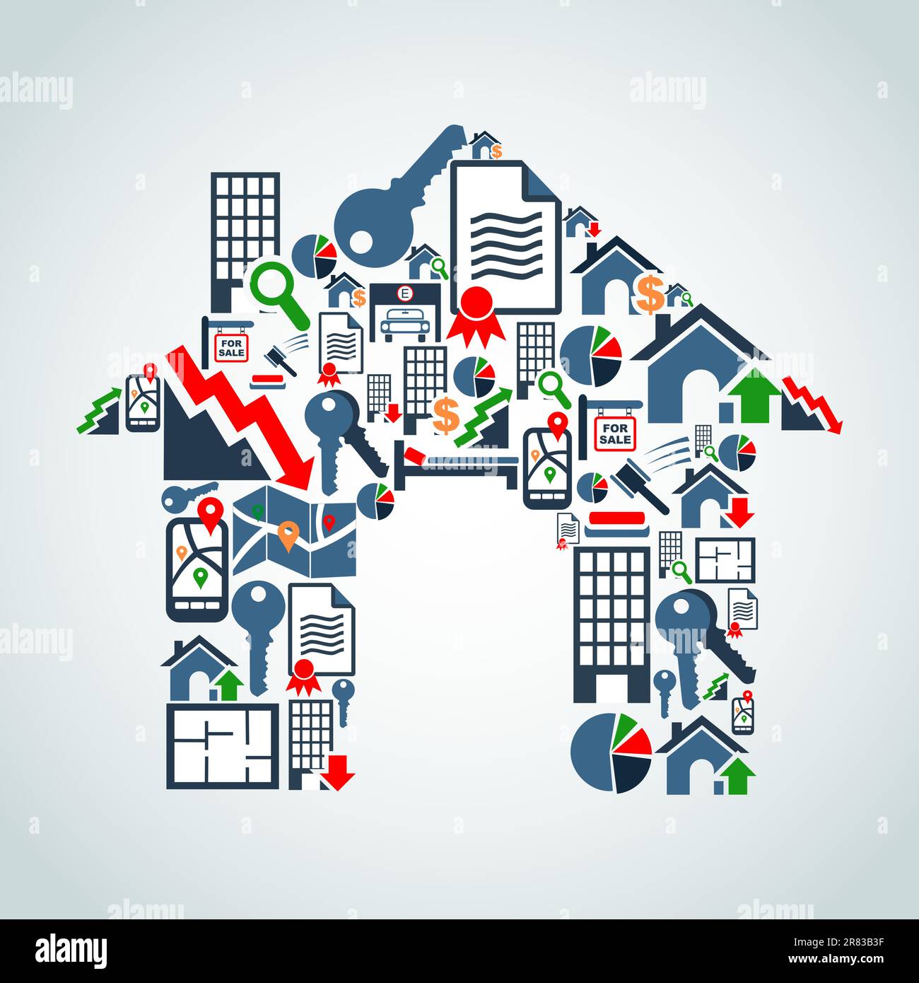 Real estate icon set in house silhouette background illustration. Vector file layered for easy manipulation and custom coloring. Stock Vector