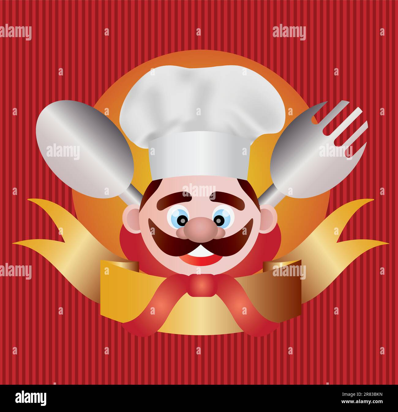Chef with Banner Fork Spoon on Red Stripes Background Illustration Stock Vector