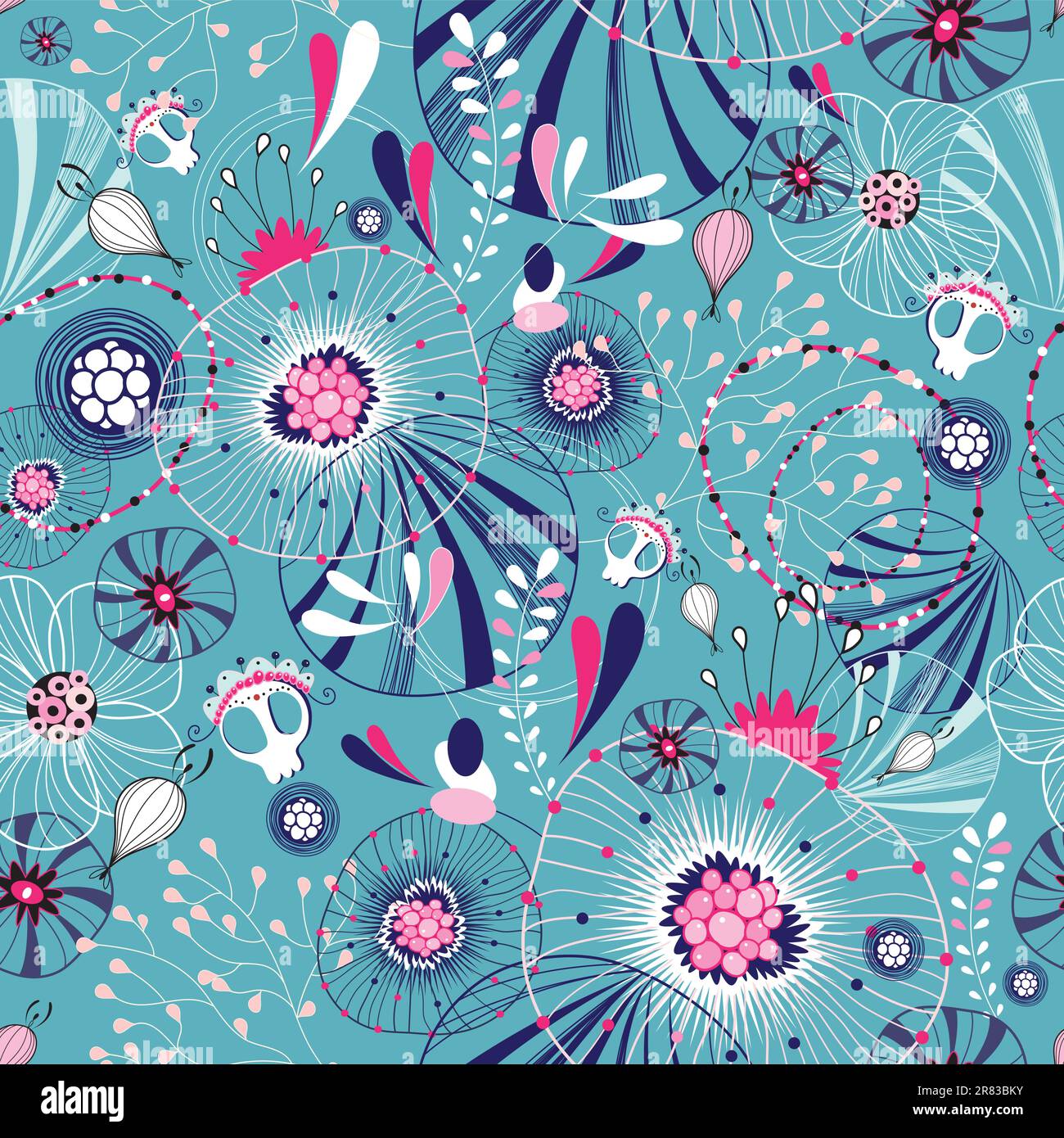 seamless abstract pattern on a blue background with skulls Stock Vector