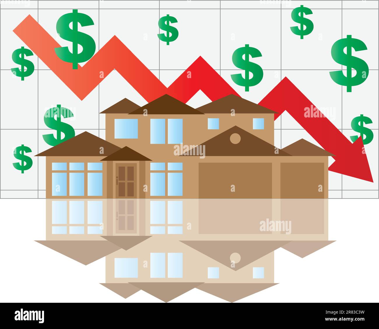 Home Value Falling Chart with House Arrow Dollar Signs Graph Illustration Stock Vector