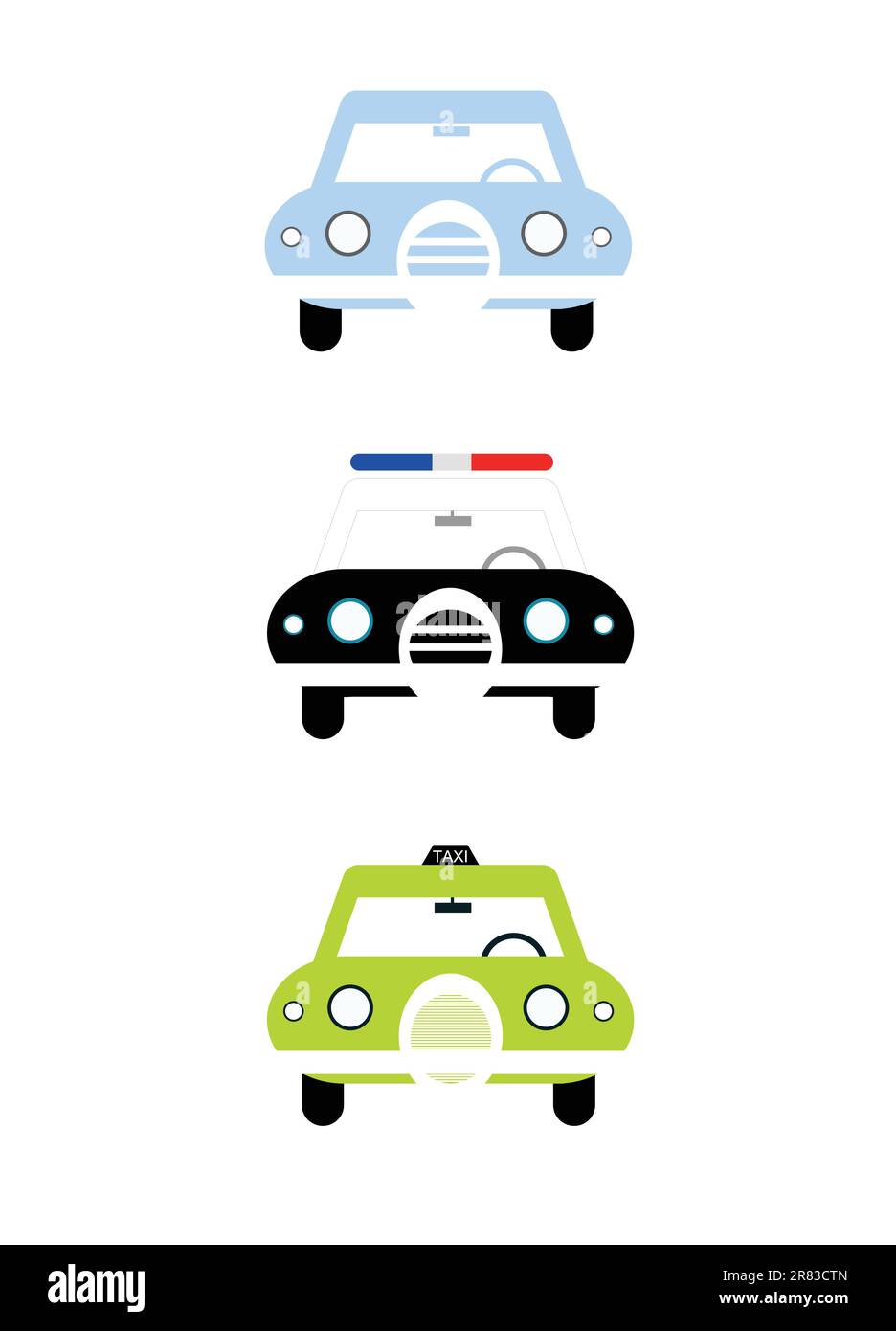 City cars front view illustration isolated on white background. Civil car, police and taxi cab. Cartoon style simple colorful vector illustration. Stock Vector