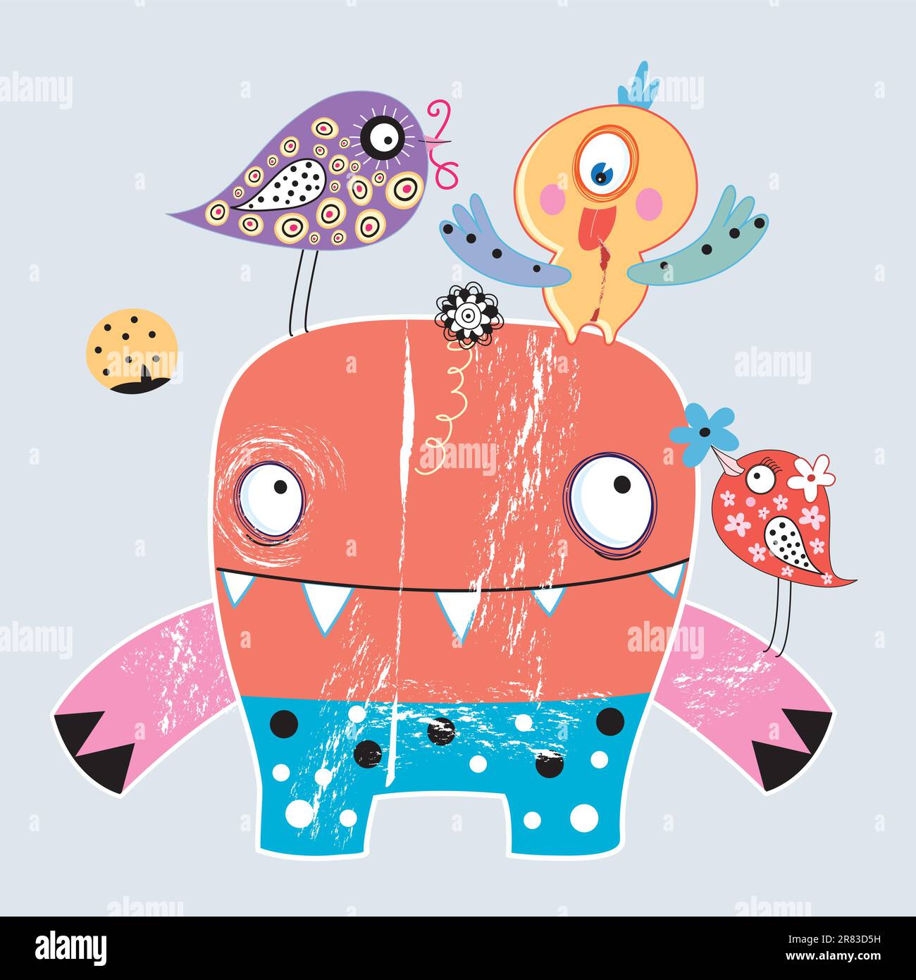 funny monsters and bright decorative birds on a light gray background Stock Vector