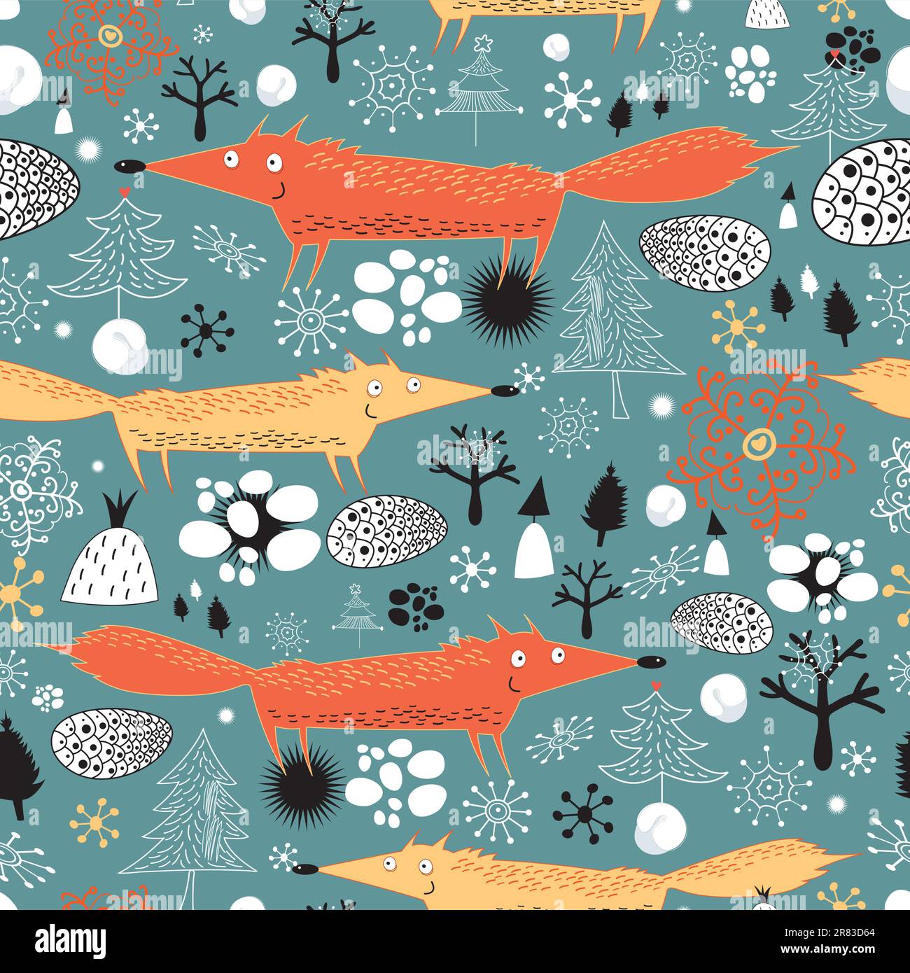 New seamless pattern with foxes on a dark background with snowflakes Stock Vector