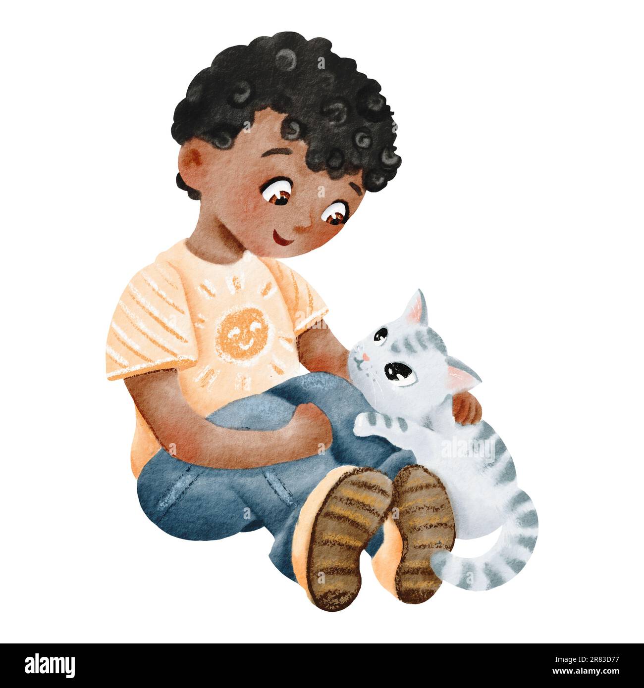 The boy strokes the cat. African American teenager is sitting with his pet. Cute dark-skinned kid is talking to his striped kitty. Love for animals Stock Photo