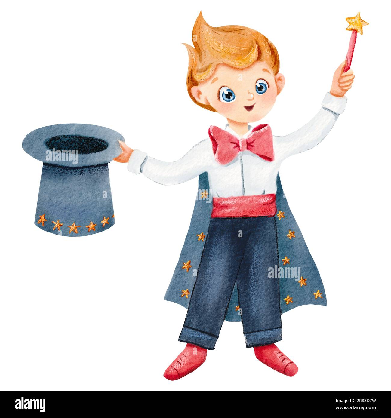 Naughty little magician. Young wizard in tailcoat, with top hat and a magic wand. Performance begins. Watercolor isolated illustration. Diversity Stock Photo