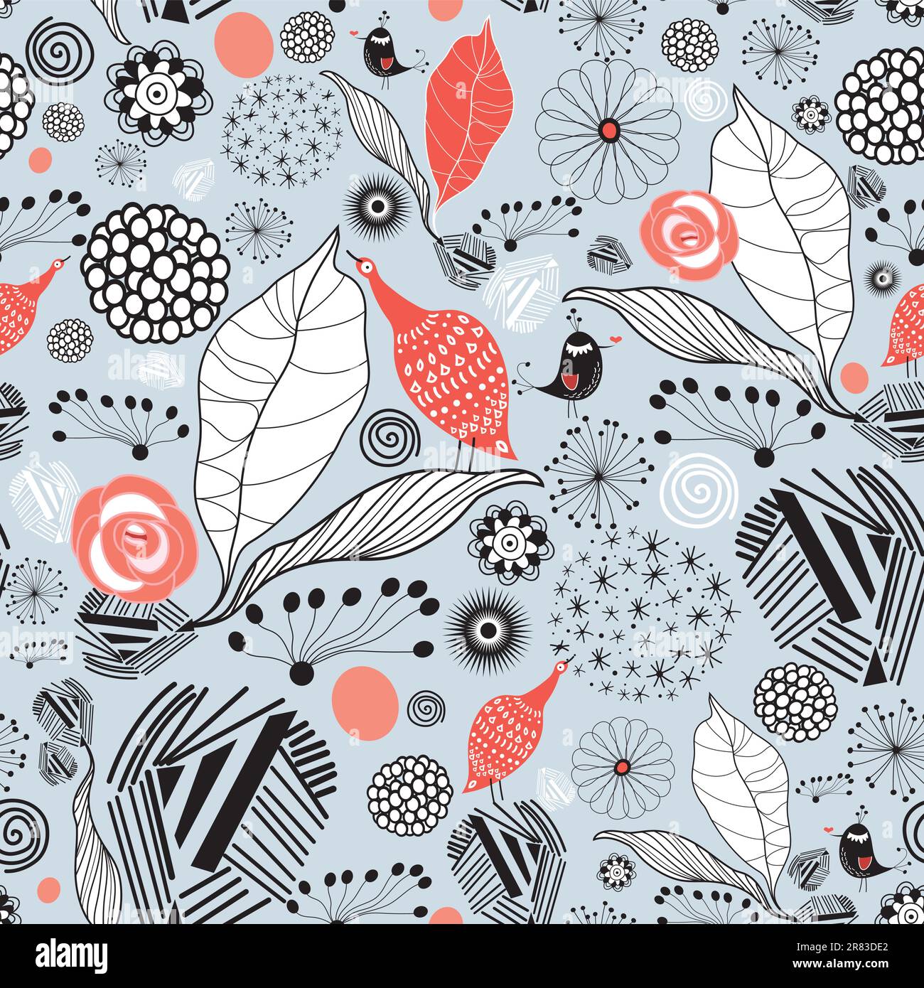 Seamless floral pattern with a black outline birds on a blue background ...