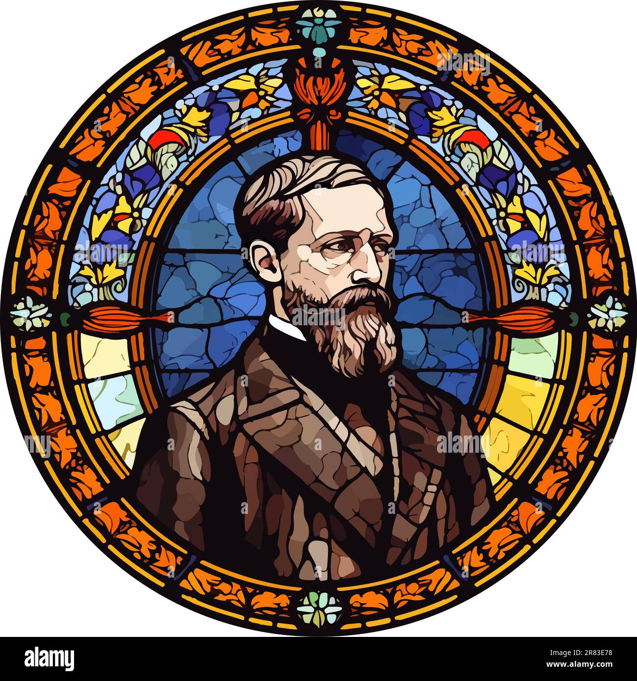 Stained glass window vector of Alfred Nobel (1833-1896), a Swedish chemist, engineer, inventor, businessman, and philanthropist. Stock Vector