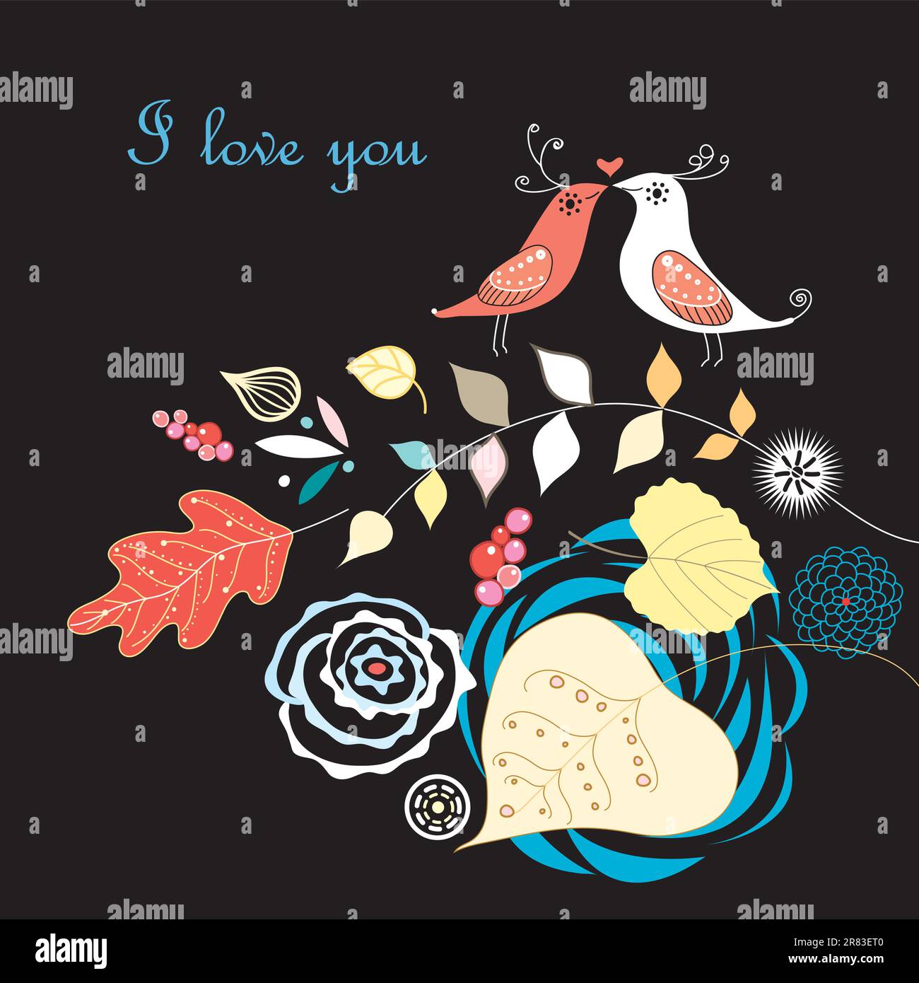 Hello Fall Birds Greeting card with autumn leaves and birds in love on a black ...