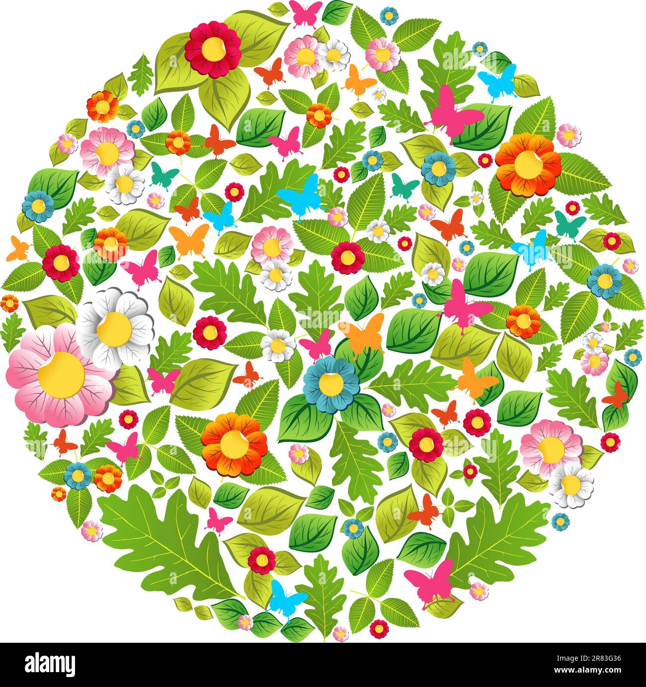 Leaf, flower, butterfly in spring and summer circle. Vector file layered for easy manipulation and custom coloring. Stock Vector