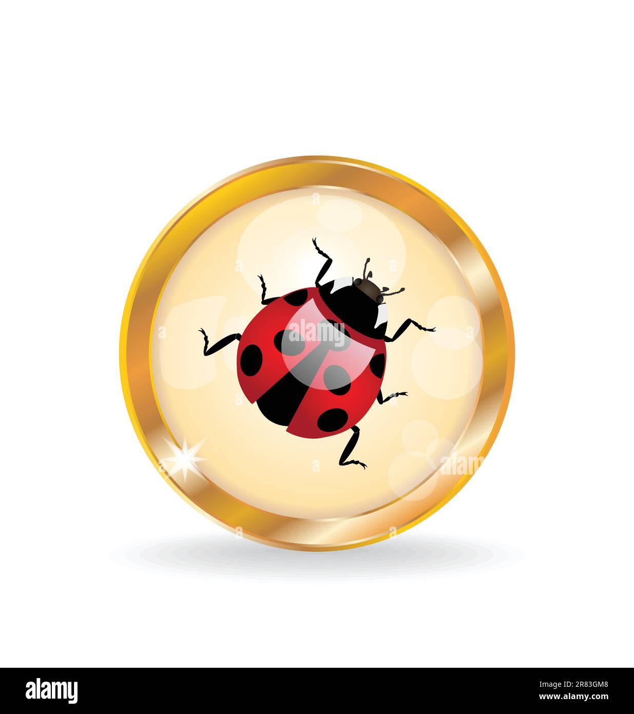 Illustration golden circle label (button) with ladybug - vector Stock Vector