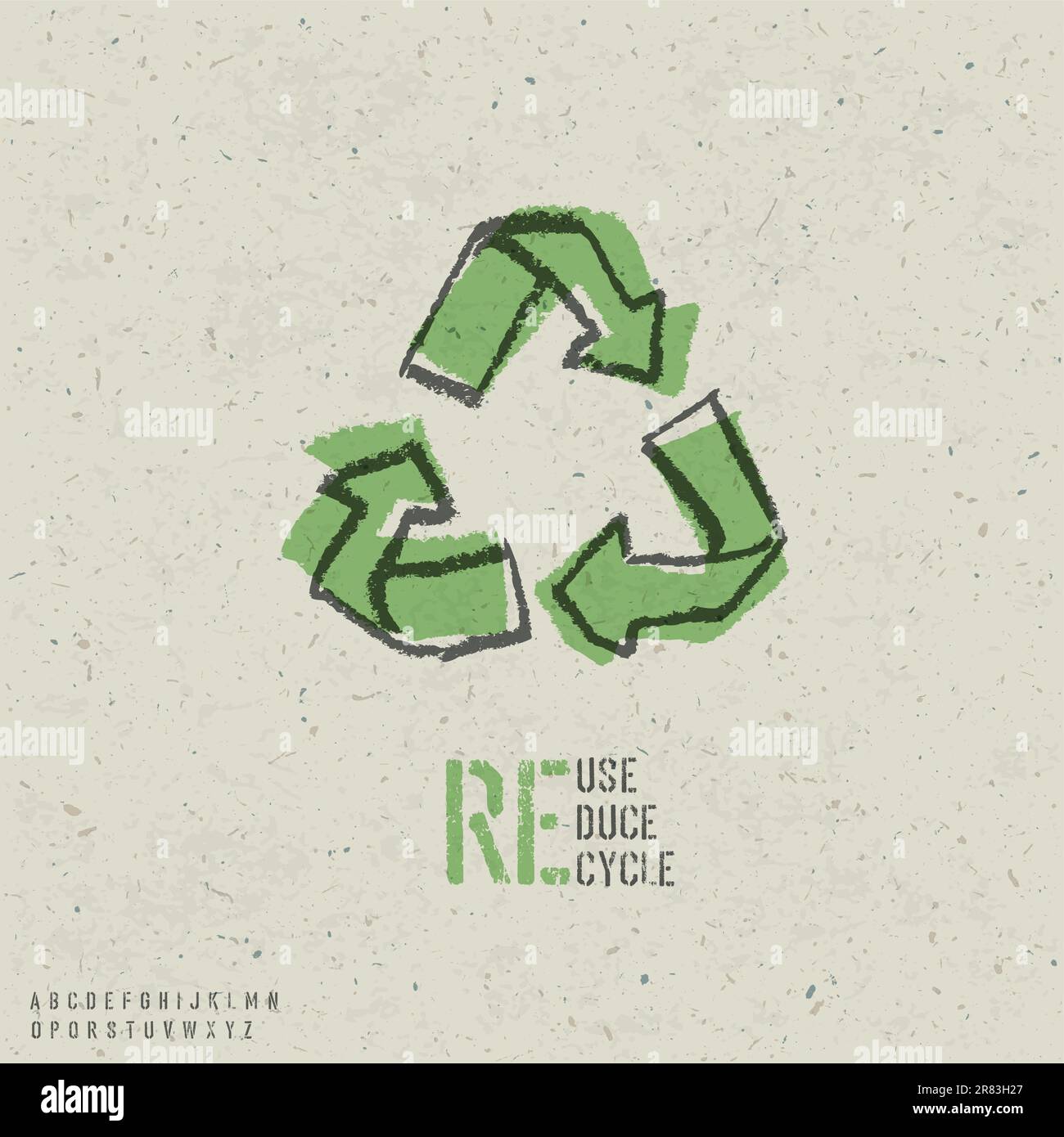 Reuse, reduce, recycle poster design.  Include reuse symbol image, seamless reuse paper texture in swatch palette and stencil alphabet. Vector, EPS10 Stock Vector