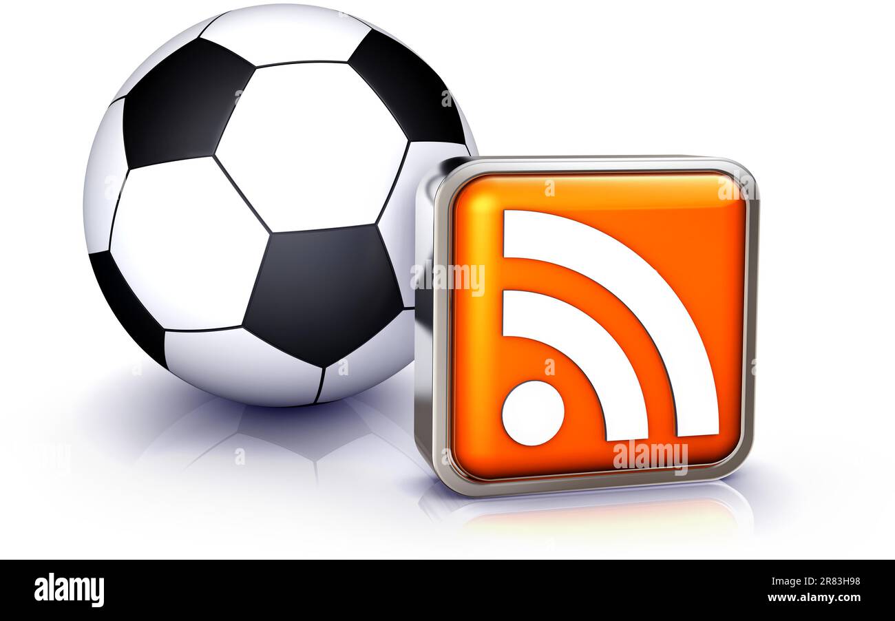 high resolution rendering of a football behind a rss icon Stock Photo