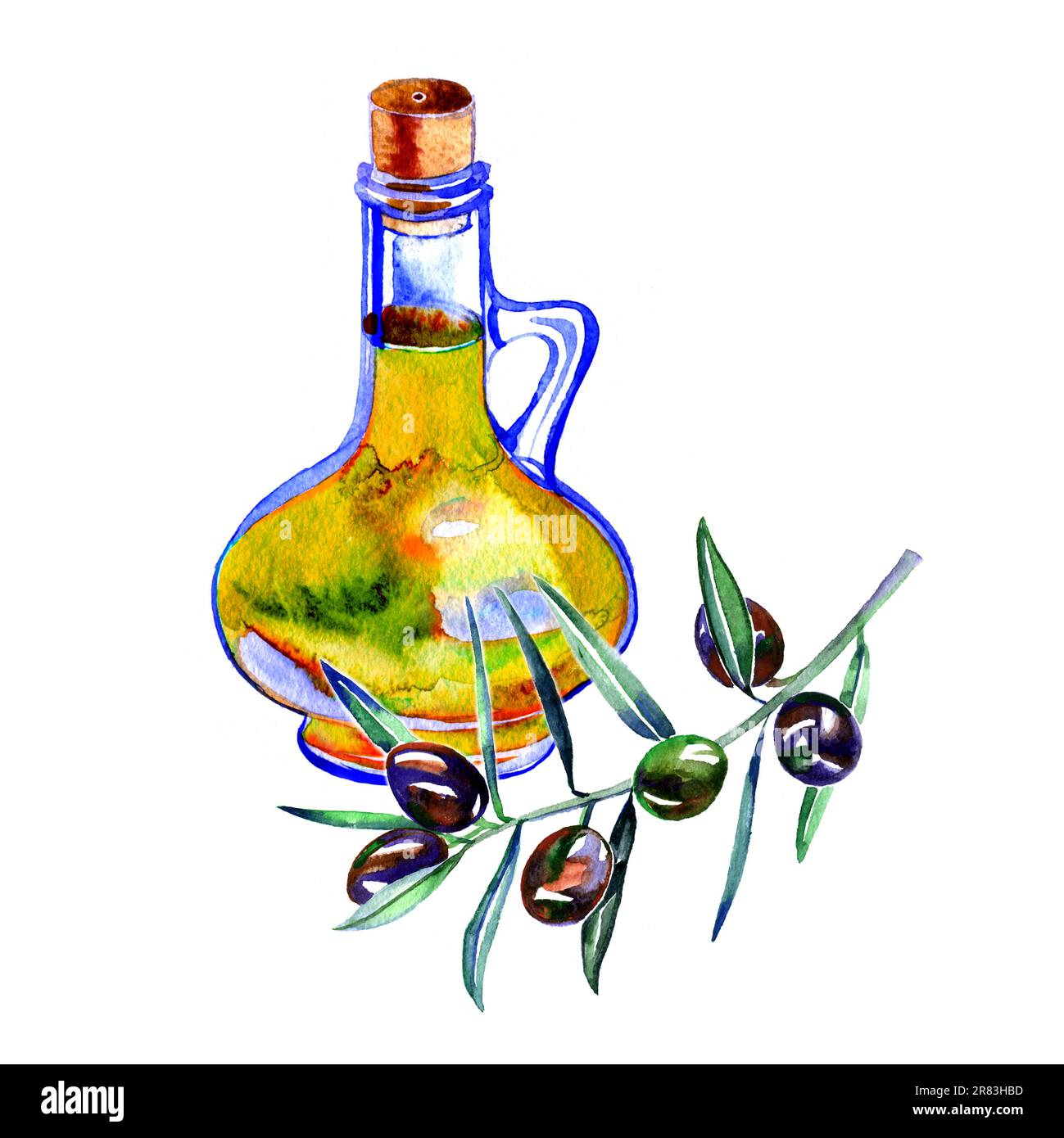 olive oil in a beautiful bottle for serving. Olives with leaves. Bright