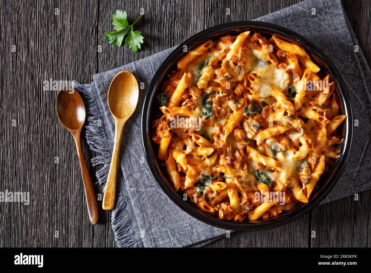 Ground Chicken Pasta Bake with onion, mushrooms, spinach, tomato sauce