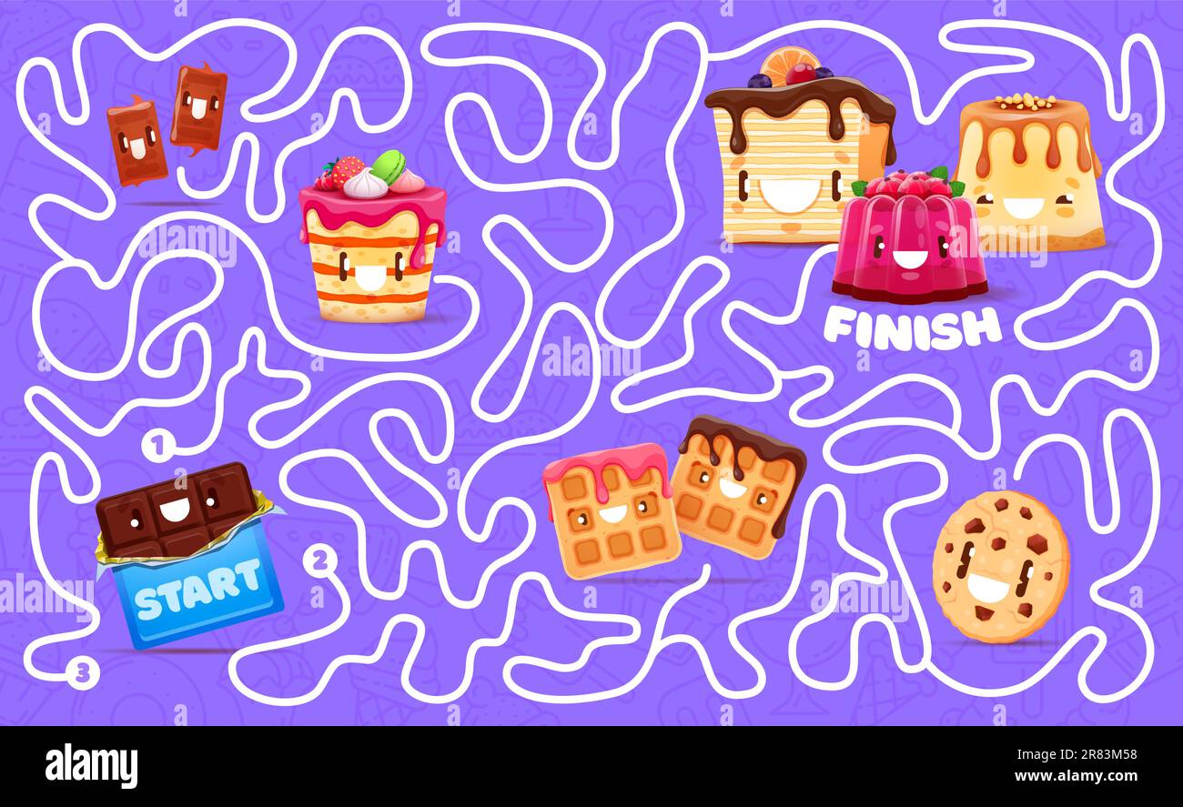 Labyrinth maze cartoon sweets and dessert characters. Kids vector board ...