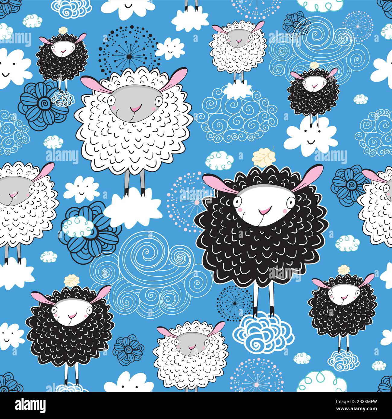 seamless pattern of sheep on a blue background with clouds Stock Vector