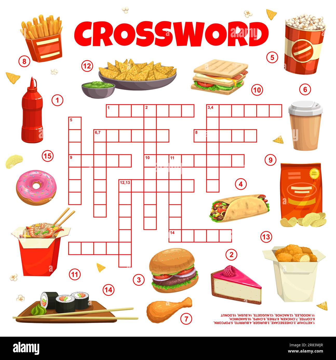 Fast food and snacks crossword grid. Find a word quiz game, vocabulary