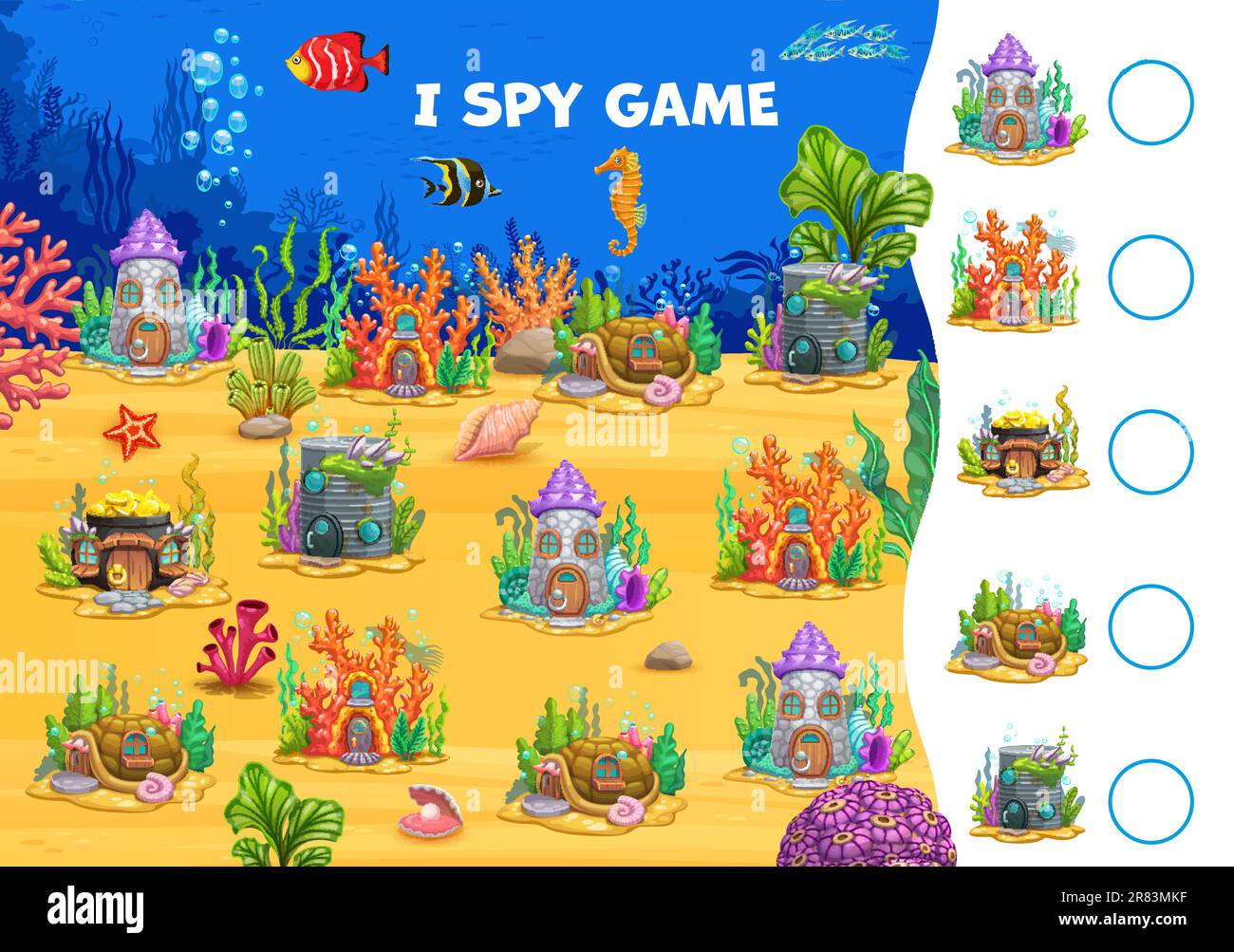 I spy game, fairytale underwater town houses kids puzzle quiz vector