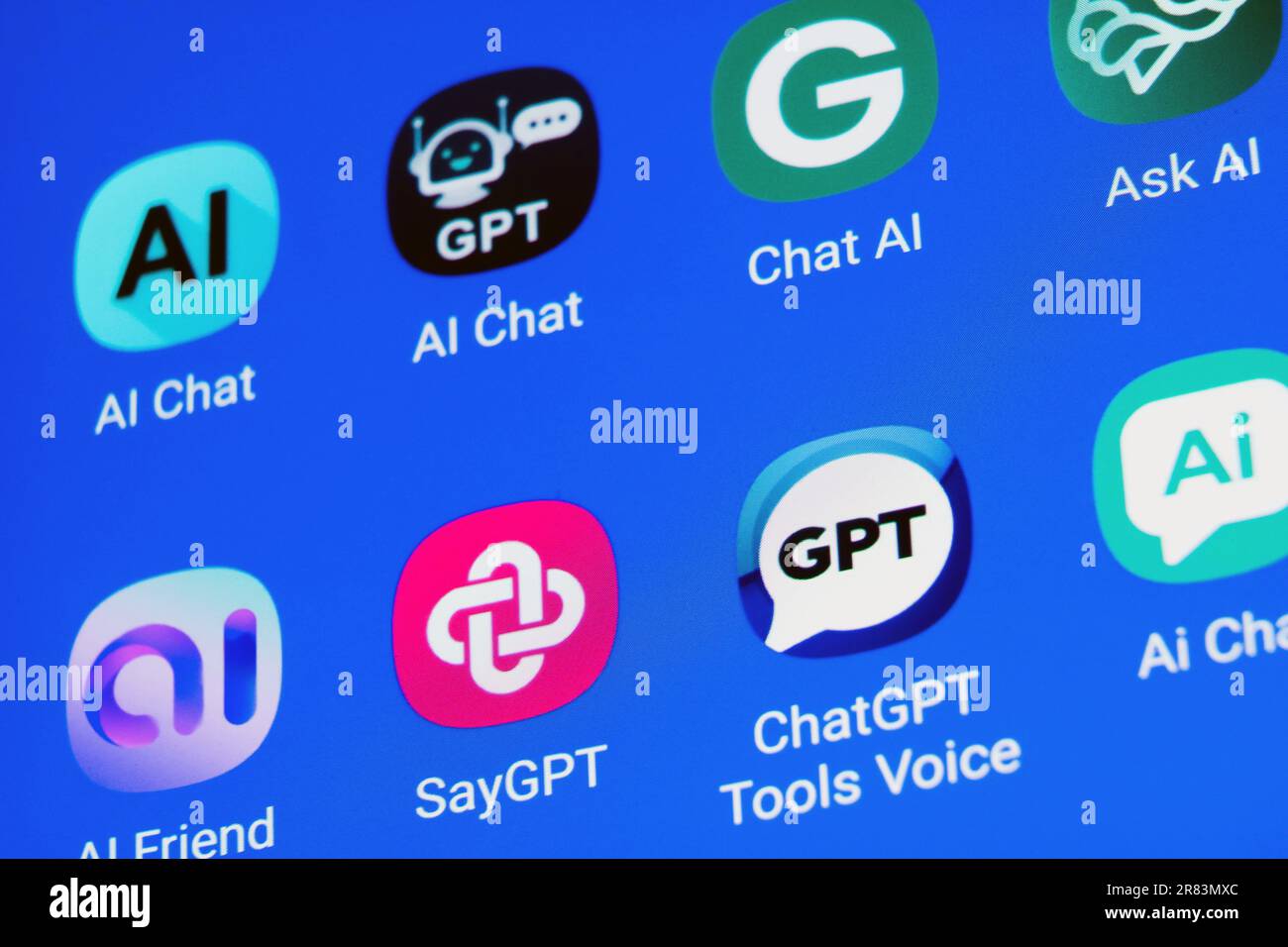 The logos of various ChatGPT artificial intelligence (AI) apps on german a smartphone screen Stock Photo