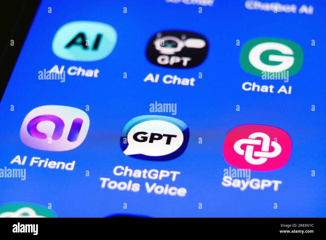 The logos of various ChatGPT artificial intelligence (AI) apps on german a smartphone screen Stock Photo