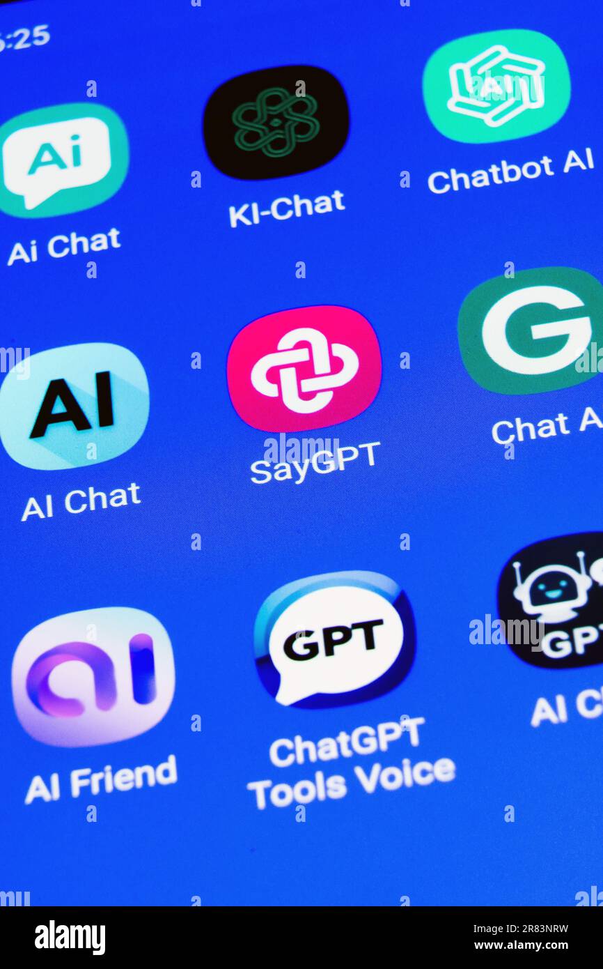 The logos of various ChatGPT artificial intelligence (AI) apps on german a smartphone screen Stock Photo