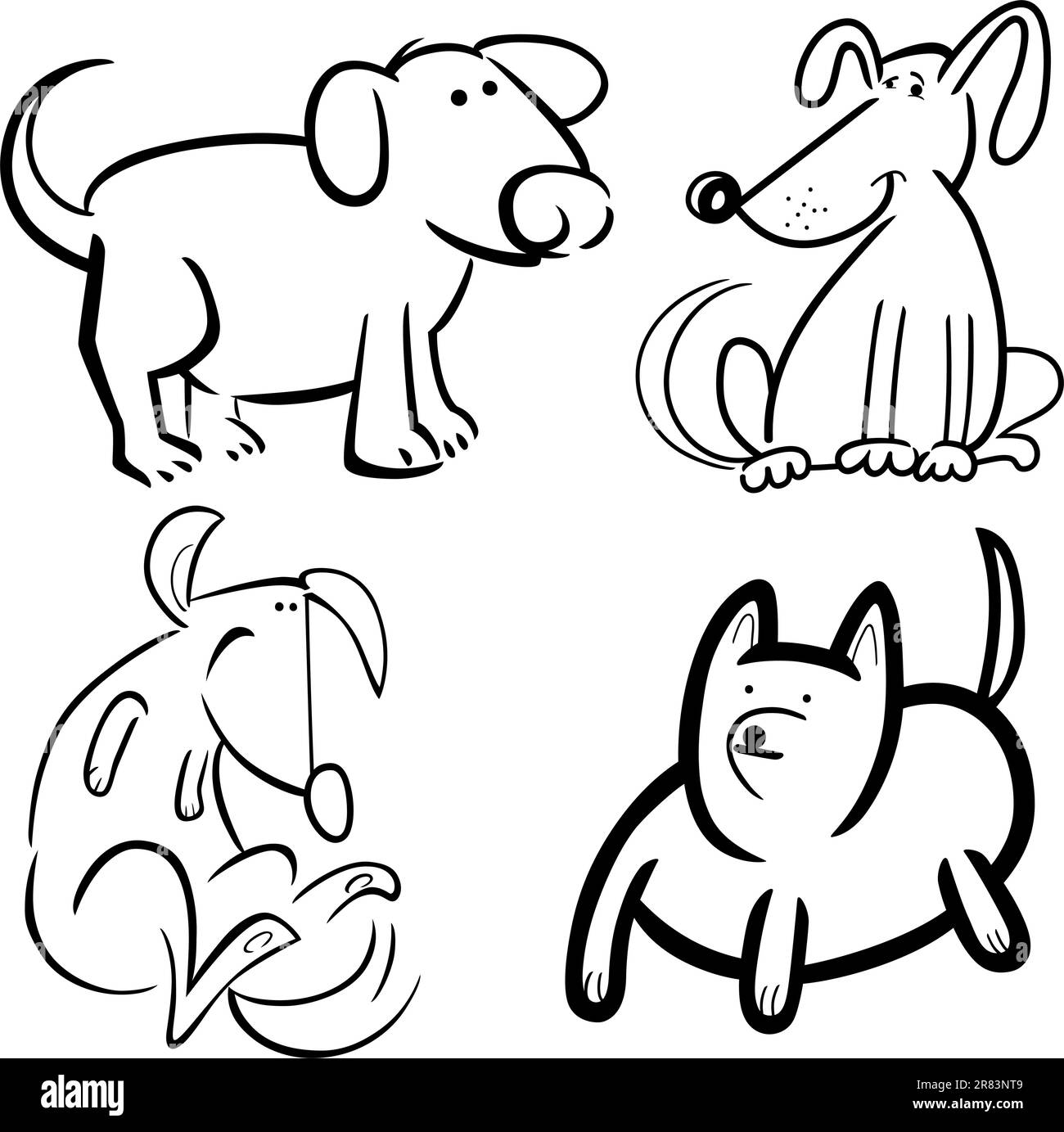 cartoon illustration of four cute dogs or puppies set for coloring book ...