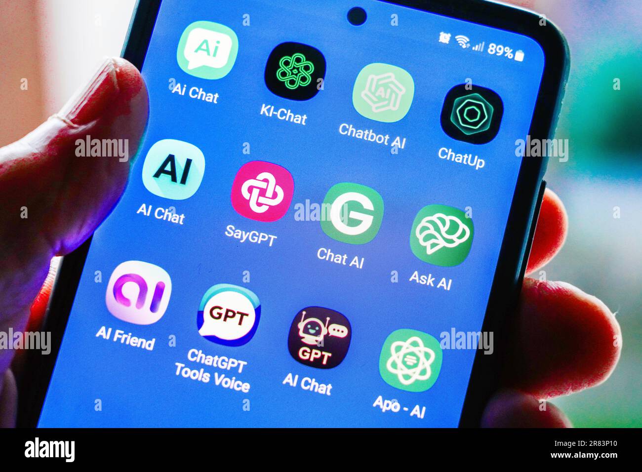 The logos of various ChatGPT artificial intelligence (AI) apps on german a smartphone screen Stock Photo