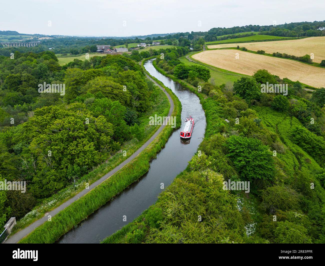 An aerial view of a narrow boat on the Union Canal near Linlithgow, Scotland. Stock Photo