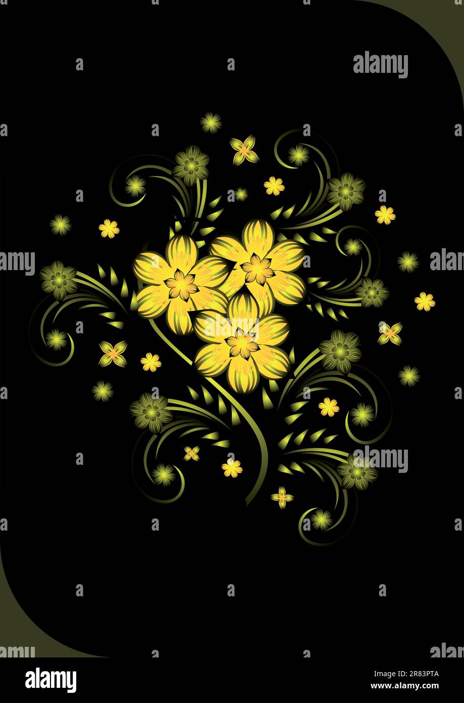 Illustration of abstract golden flowers on black background Stock