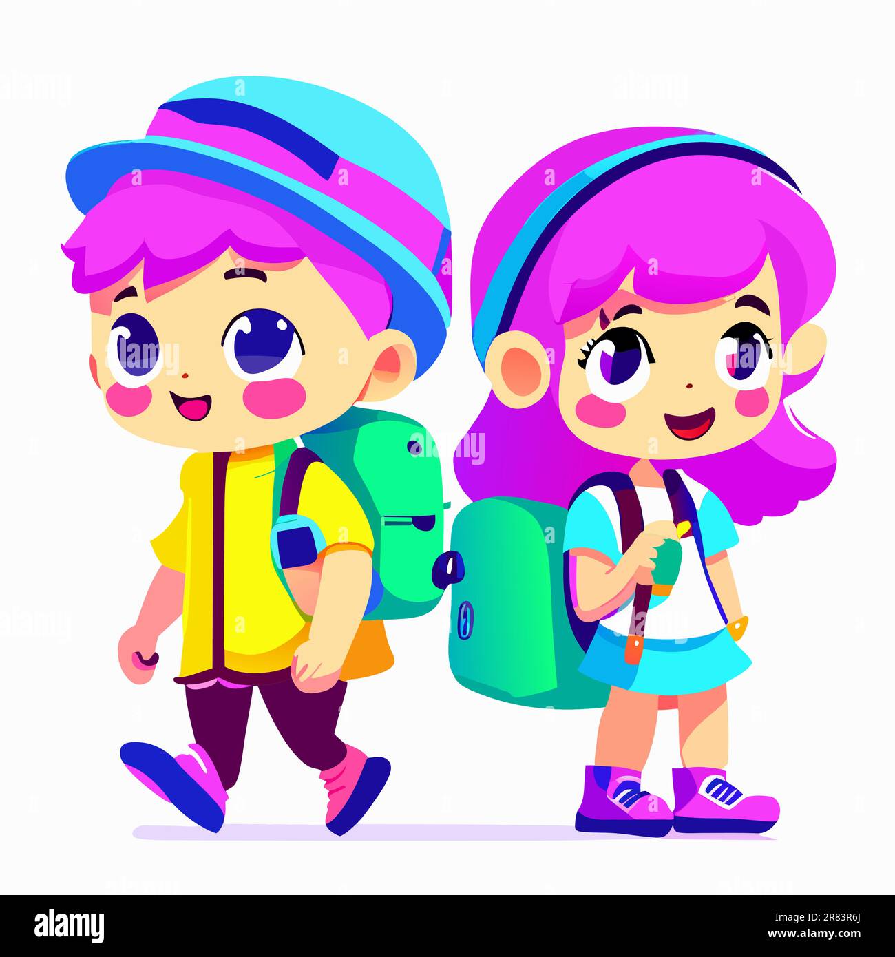 Back to school. Boy and girl go to school with backpacks. The beginning of the school year, children go to lessons Stock Vector
