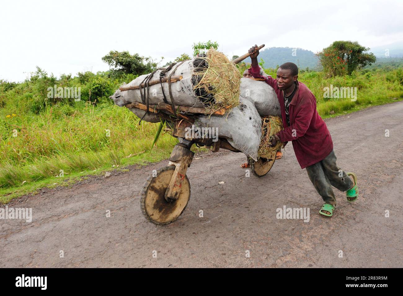 Men pushing chukudu loaded with bags of charcoal, road from Sake to Goma, North Kivu, Democratic Republic of Congo Stock Photo