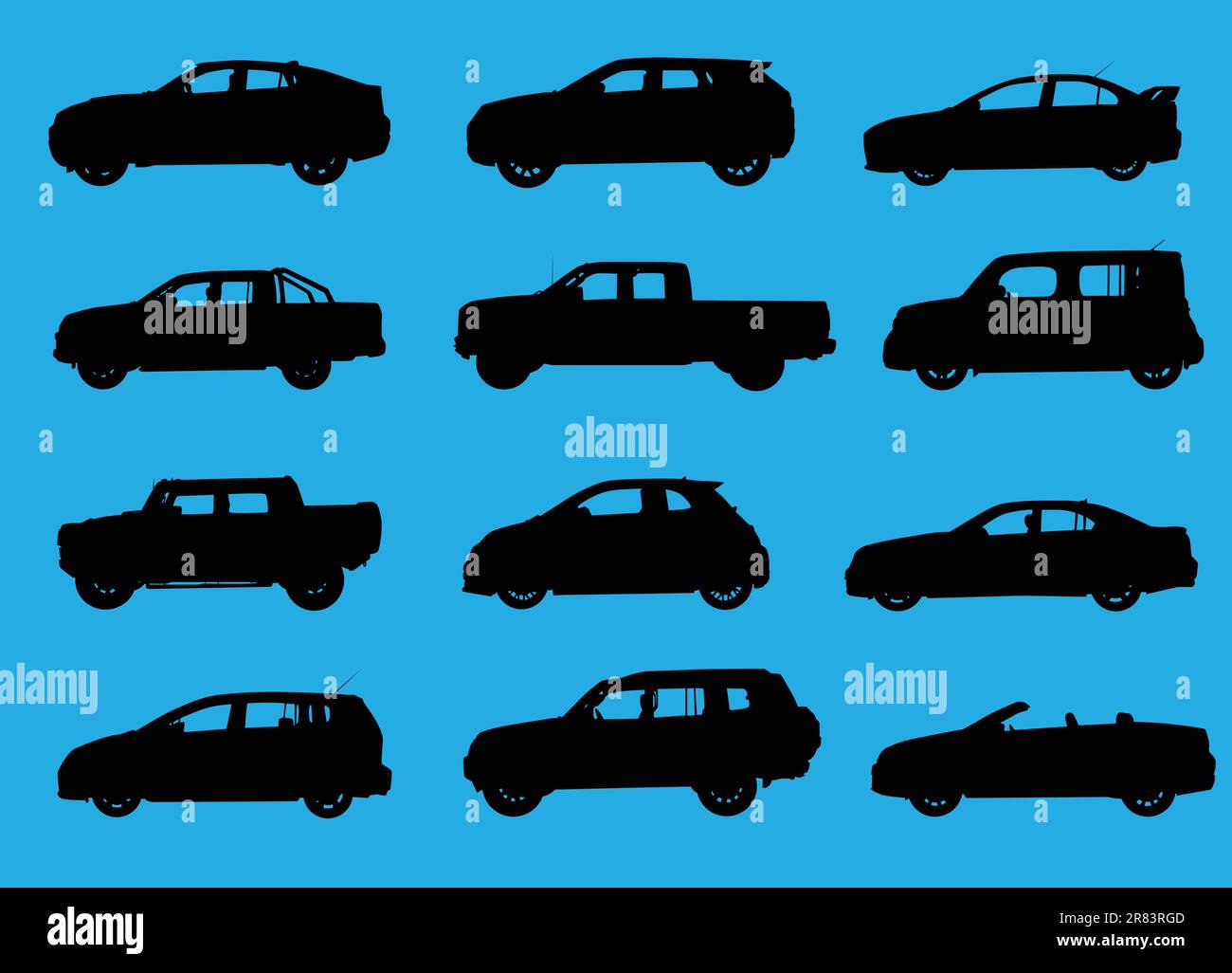 Various city cars silhouettes isolated on blue background. Stock Vector