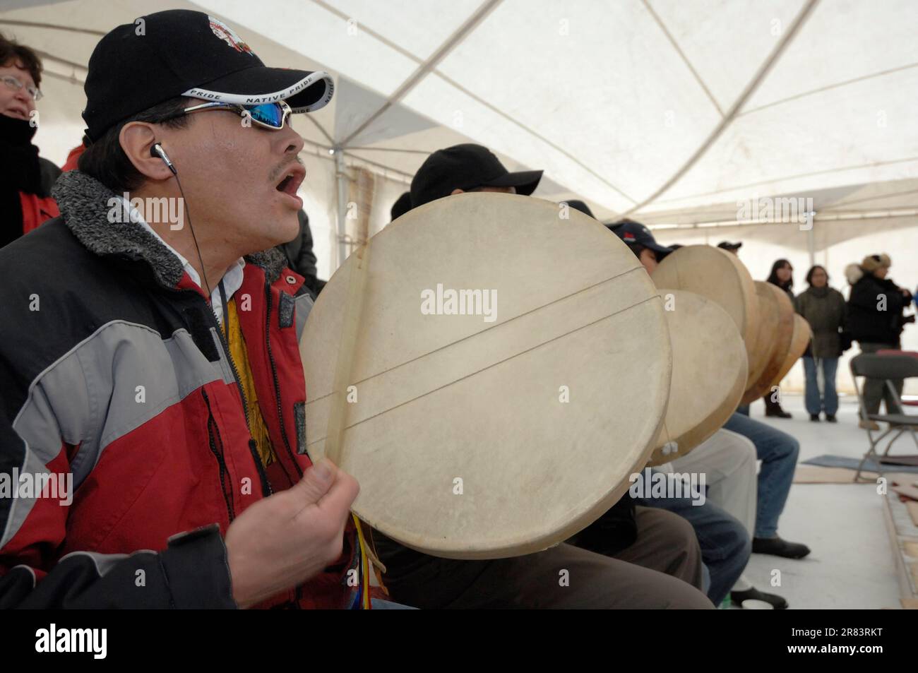 Dene Indians singing and playing hand drums, Yellowknife Territories