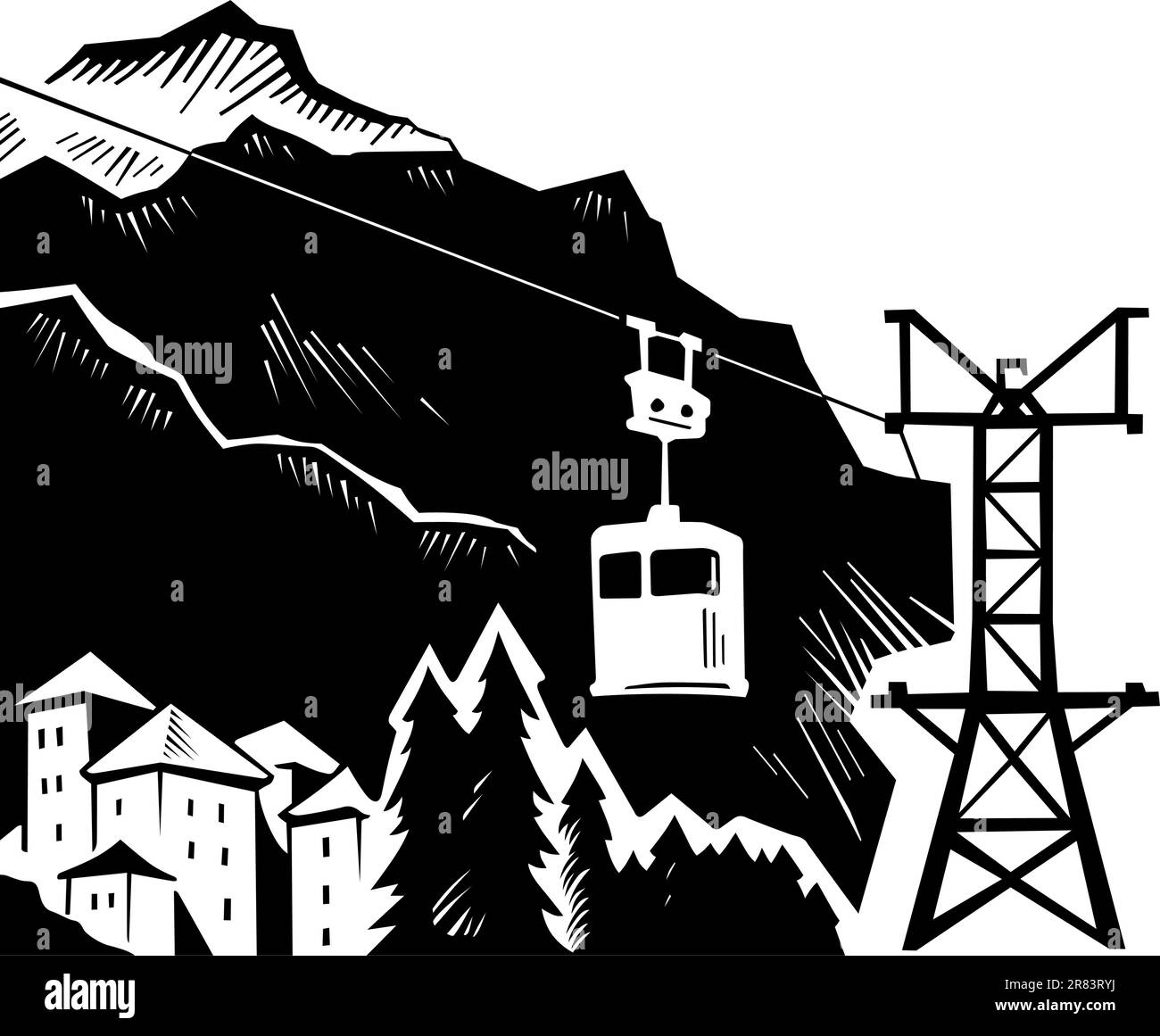 Mountain landscape with cable cabin Stock Vector