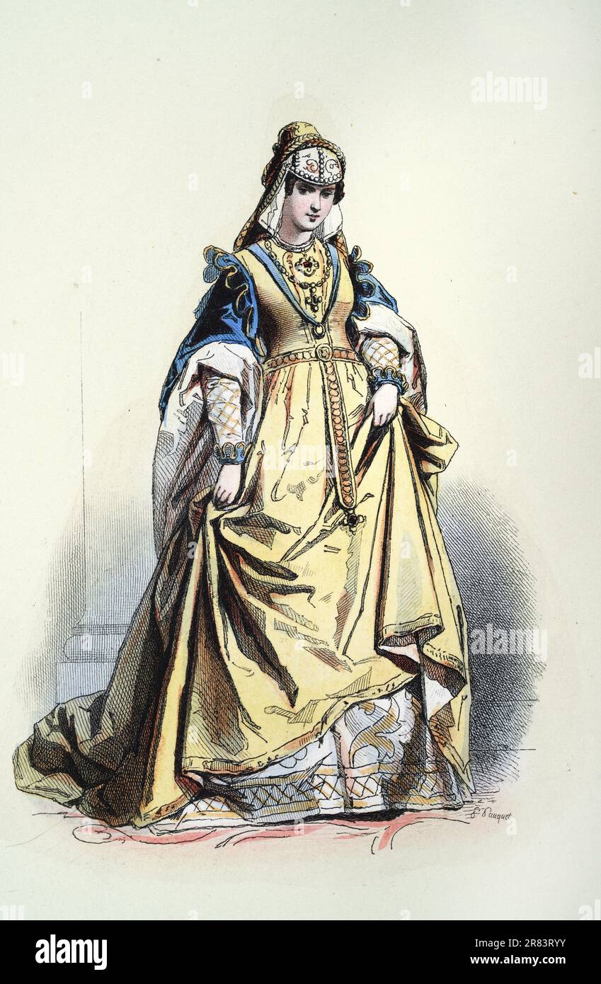 Duchess of Bavaria, German Medieval womens fashion early 16th Century period costume, Yellow Dress, History, Illustrations of English and Foreign Cost Stock Photo