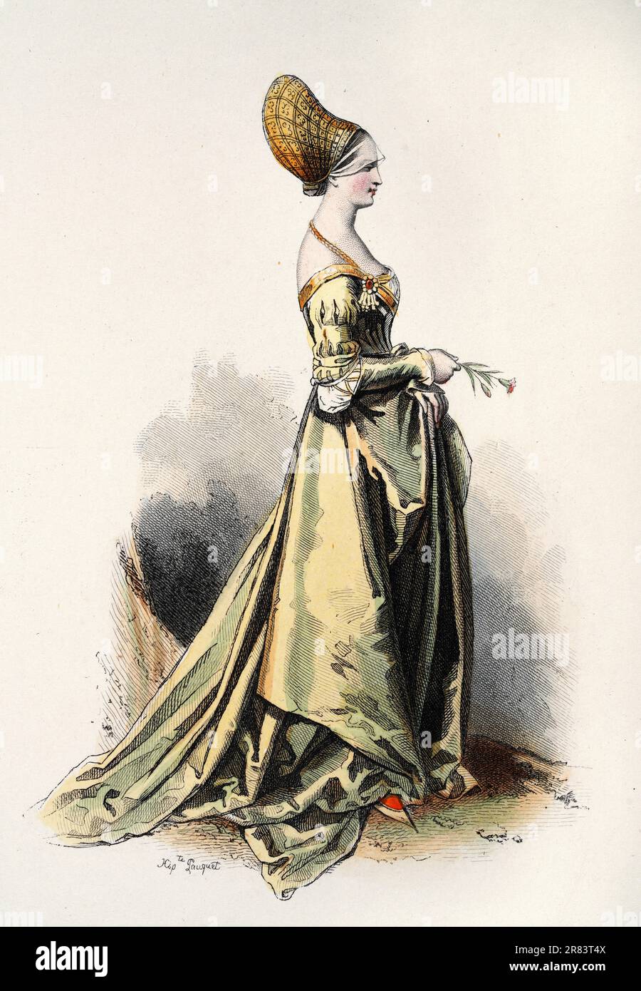 Lady of Nuremberg, German Medieval womens fashion early 16th Century period costume, Dress, Gown, Headdress, History, Illustrations of English and For Stock Photo